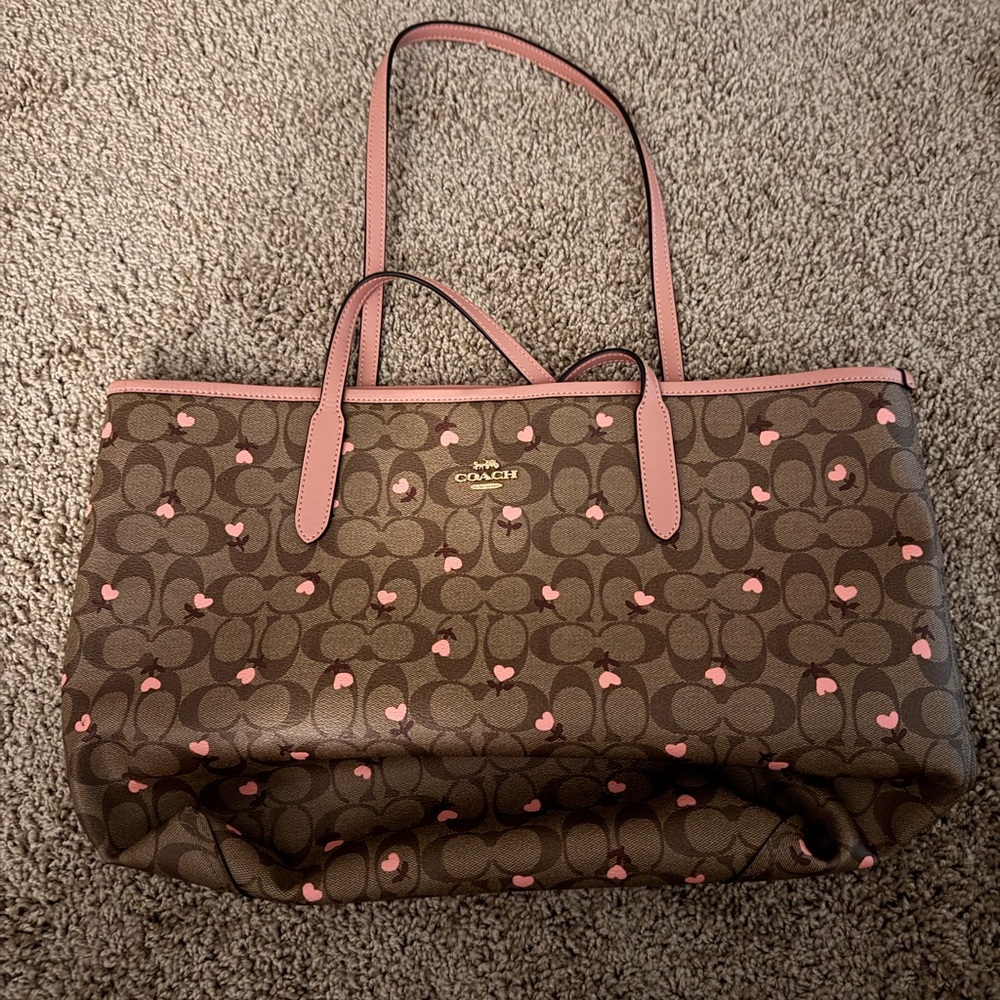 Coach Brown and Pink Monogram Tote with Polka Dot Accents